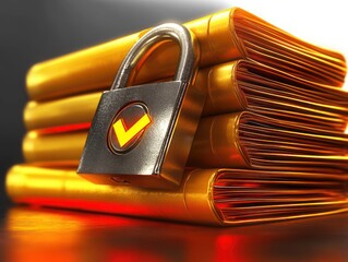 Stack of golden folders secured with a silver padlock featuring a glowing checkmark symbol representing data security and protection