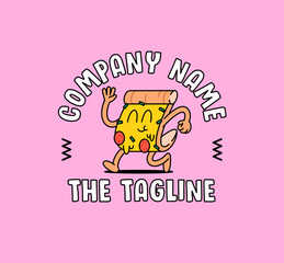 Happy pizza slice mascot with arms and legs, walking energetically while smiling playful cartoon character vector illustration perfect for pizza shops, restaurants, and fast food branding