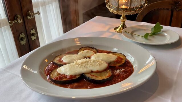 Traditional Italian Baked Eggplant Dish Melanzane alla Parmigiana with Tomato Sauce and Cheeses Served on White Plate