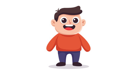 A cute cartoon boy with brown hair, big eyes, and a wide smile, wearing an orange shirt and blue pants.