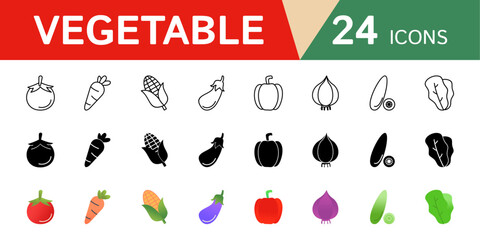 A collection of vegetable icons such as tomatoes, carrots, corn, eggplant and others.