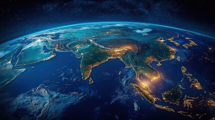 Fototapeta premium Glowing city lights illuminate the dense and diverse landscapes of South Asia and Southeast Asia at night, viewed from space under a vast starry sky