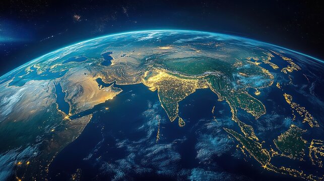 View of Earth from space showing the night lights of South Asia, Middle East, and Southeast Asia with glowing city lights and detailed terrain under a dark sky - Powered by Adobe