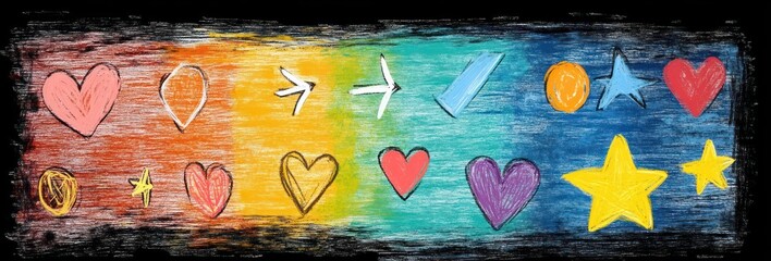 Abstract colorful background with various hand-drawn hearts, stars, arrows, and circles spread across a textured gradient from warm red to cool blue, expressing playful and creative emotions