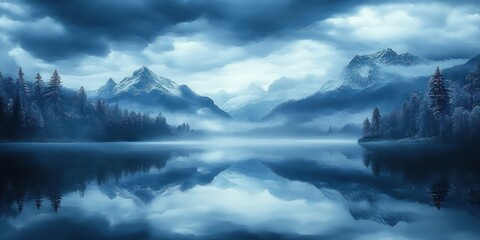 Peaceful cold blue mountain landscape with snowy peaks, dense pine forests, calm reflective lake under dramatic cloudy sky