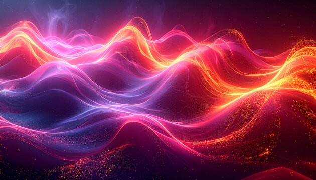 An abstract, dynamic visual depicting undulating, fiery energy waves in vibrant hues. Flowing, glowing lines create a sense of movement and depth in a dark space