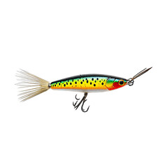 Colorful lure, elongated shape, speckled pattern, iridescent highlights,  fin detail,  fishing bait