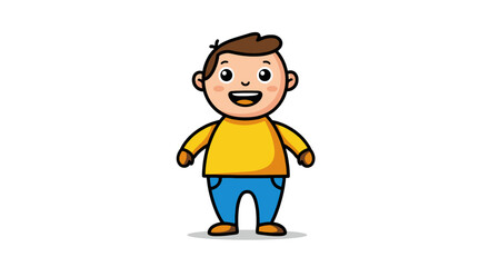 Cartoon illustration of a smiling boy wearing a blue sweater and dark pants.