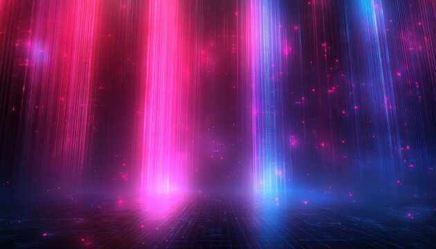 Abstract digital landscape with vibrant pink and blue vertical light beams and glowing particles creating a futuristic and energetic atmosphere