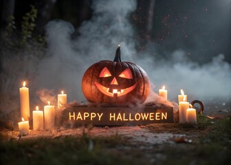 Fototapeta premium Halloween Glowing Jack-o'-Lantern with Candles and Happy Halloween Orange Letters on Misty Dark Background