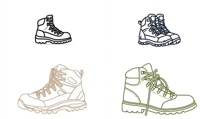 Line art collection of outdoor hiking boots, exploring paths, trekking, and adventuring