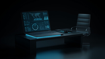 Dark office desk with glowing laptop, futuristic data visualizations on screen