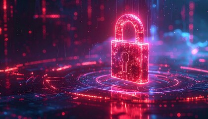 Digital lock symbol represented in bright red hues against a futuristic background with neon lights and glowing patterns
