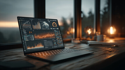 Dark office desk with glowing laptop, futuristic data visualizations on screen