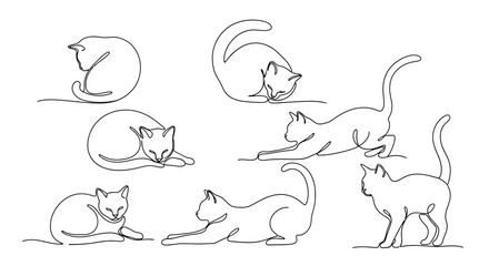 A collection of seven cat silhouettes drawn in a minimalist, continuous single-line art style, showing various poses like sleeping and stretching.