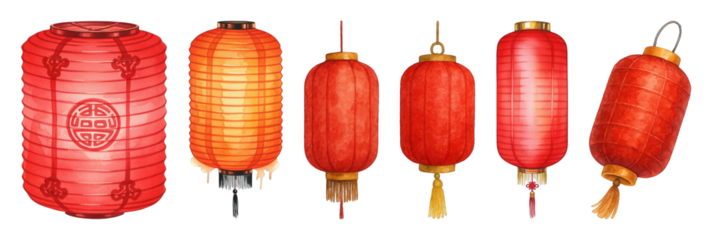 Chinese lantern set including red and orange, round and cylindrical shapes isolated. Festive cultural and decorative elements.