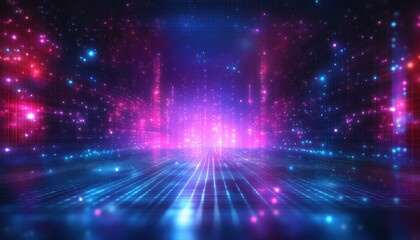 Abstract futuristic digital space with glowing pink and blue light grids and scattered bright particles creating a sense of depth and motion