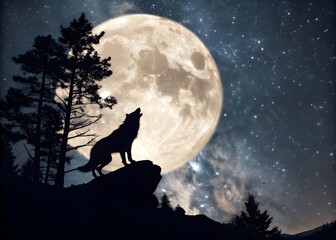 Halloween Werewolf Silhouette Under Glowing Full Moon