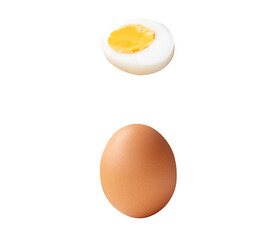 Top view set of raw brown chicken egg and cooked or boiled chicken egg with egg yolk in half isolated on white background with clipping path
