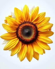 Obraz premium Close-up of a vibrant yellow sunflower with detailed petals and textured brown center against a light background, evoking warmth and natural beauty