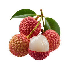 Fresh lychee fruit cluster with leaves isolated on transparent background