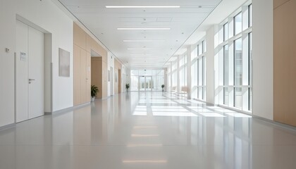 Bright, Modern Hospital Corridor with Natural Light


