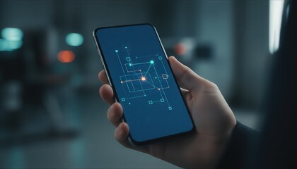  A Person Holding a Smartphone Displaying an Abstract Digital Network on Screen