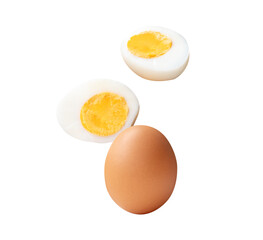 Top view set of raw brown chicken egg and cooked or boiled chicken egg with egg yolk in two halves isolated with clipping path in png file format