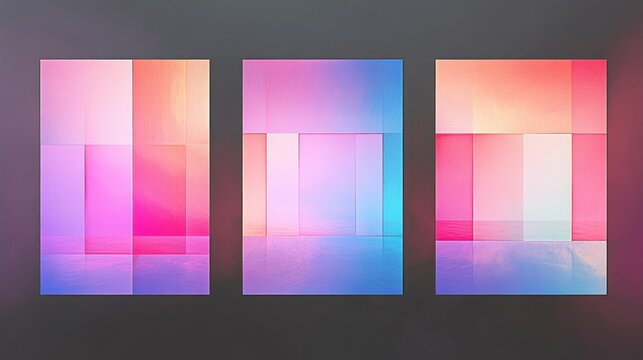 Abstract geometric composition with three colorful rectangular panels featuring gradient shades of pink, purple, blue, and orange blending horizontally and vertically on a dark background