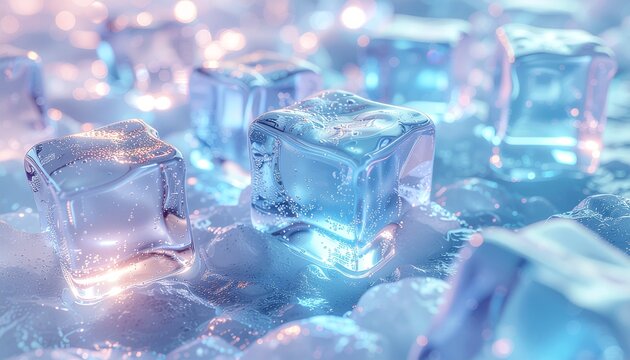 Close-up view of multiple ice cubes arranged on a frosted surface, illuminated with blue and white light.