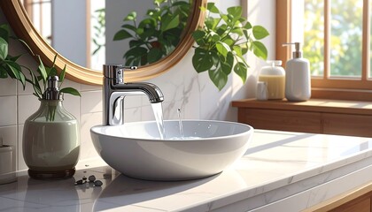 Modern bathroom sink with flowing water and plants