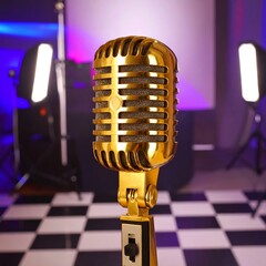 Gold microphone in a recording studio