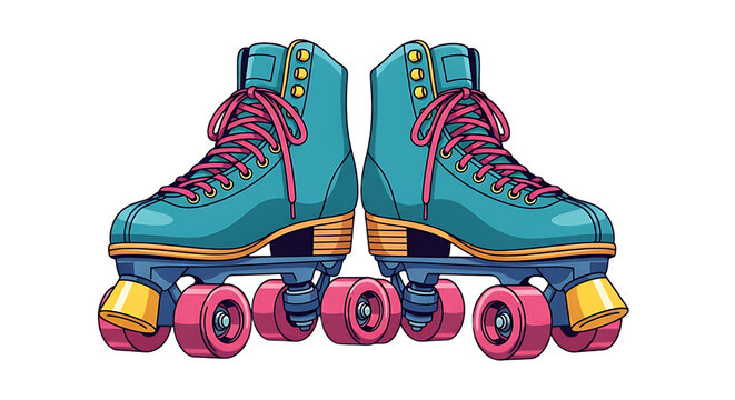 Retro Roller Skates with Pink Laces and Yellow Wheels on White Background
