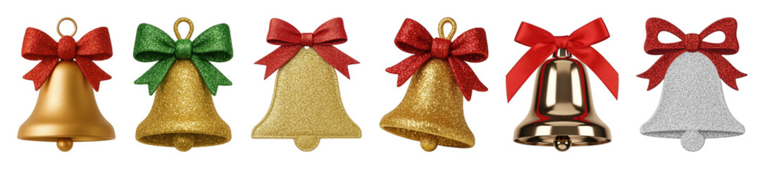 Christmas bells set including gold, silver, glitter, matte, and metallic finishes isolated. Festive holiday decoration collection.