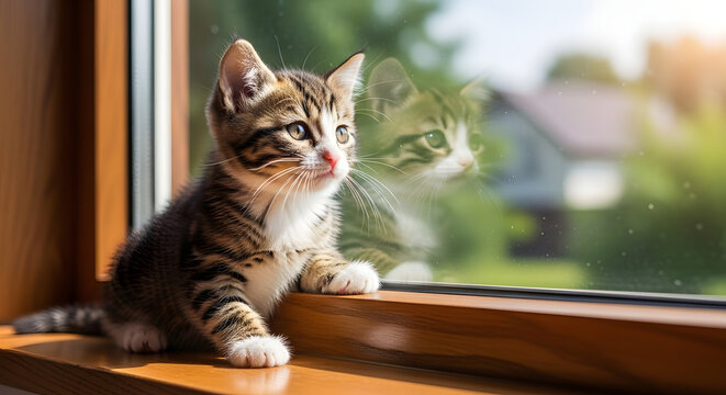 A cute tabby kitten sits on a windowsill looking out the window