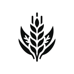 Black silhouette of wheat with leaves on white background