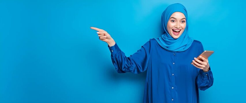 Excited Muslim Woman in Hijab Holding Phone and Pointing Finger. Perfect for concepts related to mobile technology, online shopping, social media, new apps, and exciting discoveries.