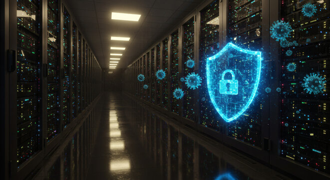 Cybersecurity shield and virus icons hovering over a server room, symbolizing data protection and digital security threats