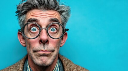 Man with round glasses, surprised expression, and a blue background. Great for expressing shock, disbelief, or a humorous reaction to something.