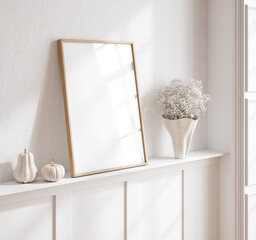 Mock up frame in home interior background, white room with dry flowers and pupkin decoration, Scandi-Boho style, 3d render