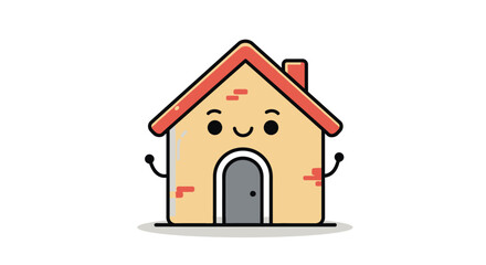 Cartoon illustration of a cute house with a smiling face, arms, and a chimney.