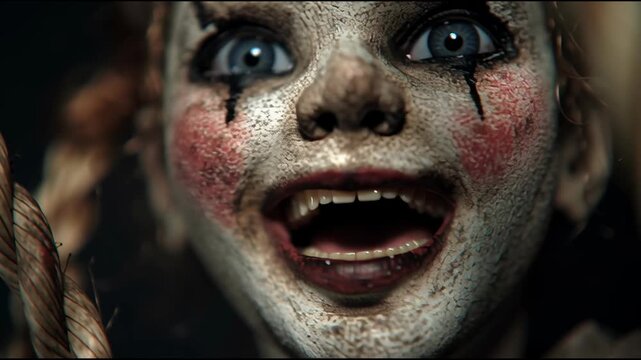 Scary creepy doll face behind rope. Horrible doll eyes look into camera. Horror concept for Halloween. Scary footage.