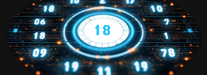 Futuristic digital interface with glowing blue and orange numbers arranged in a circular pattern around a central number eighteen, representing data and technology visualization
