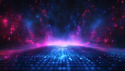 Futuristic digital landscape with glowing blue and pink grid lights extending into a cosmic starry background creating a vibrant and immersive atmosphere