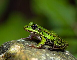 Obraz premium Close-up of a vibrant green frog on a rock (1)
