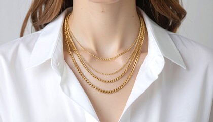 Gold necklaces layered on a woman