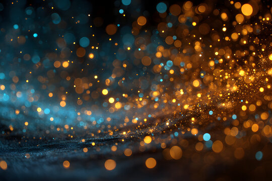 fond lumineux abstrait avec des bokeh dorés et bleus dans l'obscurité, représentant la magie et l'illumination effets lumineux. - Noël, fêtes de fin d'année décembre janvier