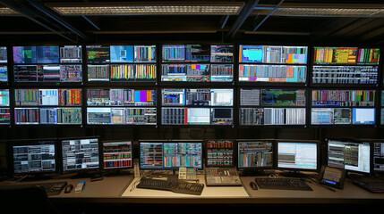 Large wall of monitors in a control room showing stock market tickers