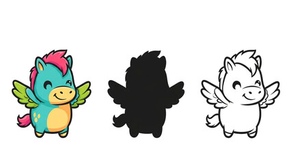 Funny Cartoon pony horse Clipart Bundle – Colorful, Silhouette, Outline