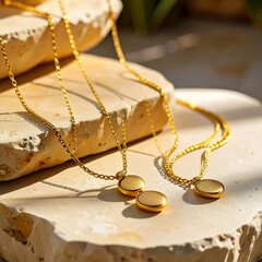 Gold necklaces on light stone slabs